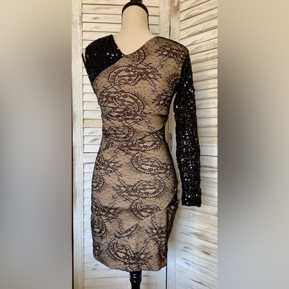 NWT BEBE Addiction Sparkle One Sleeve Lace Dress‎ - Picture 3 of 12